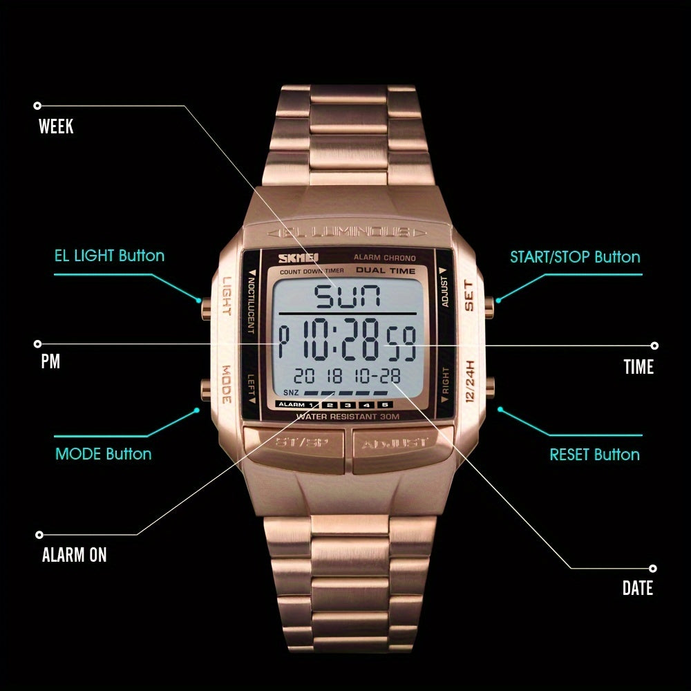 Square Digital Sport Watch with Metal Band