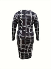 Plus Chain Print Cut Out Long Sleeve Midi Dress