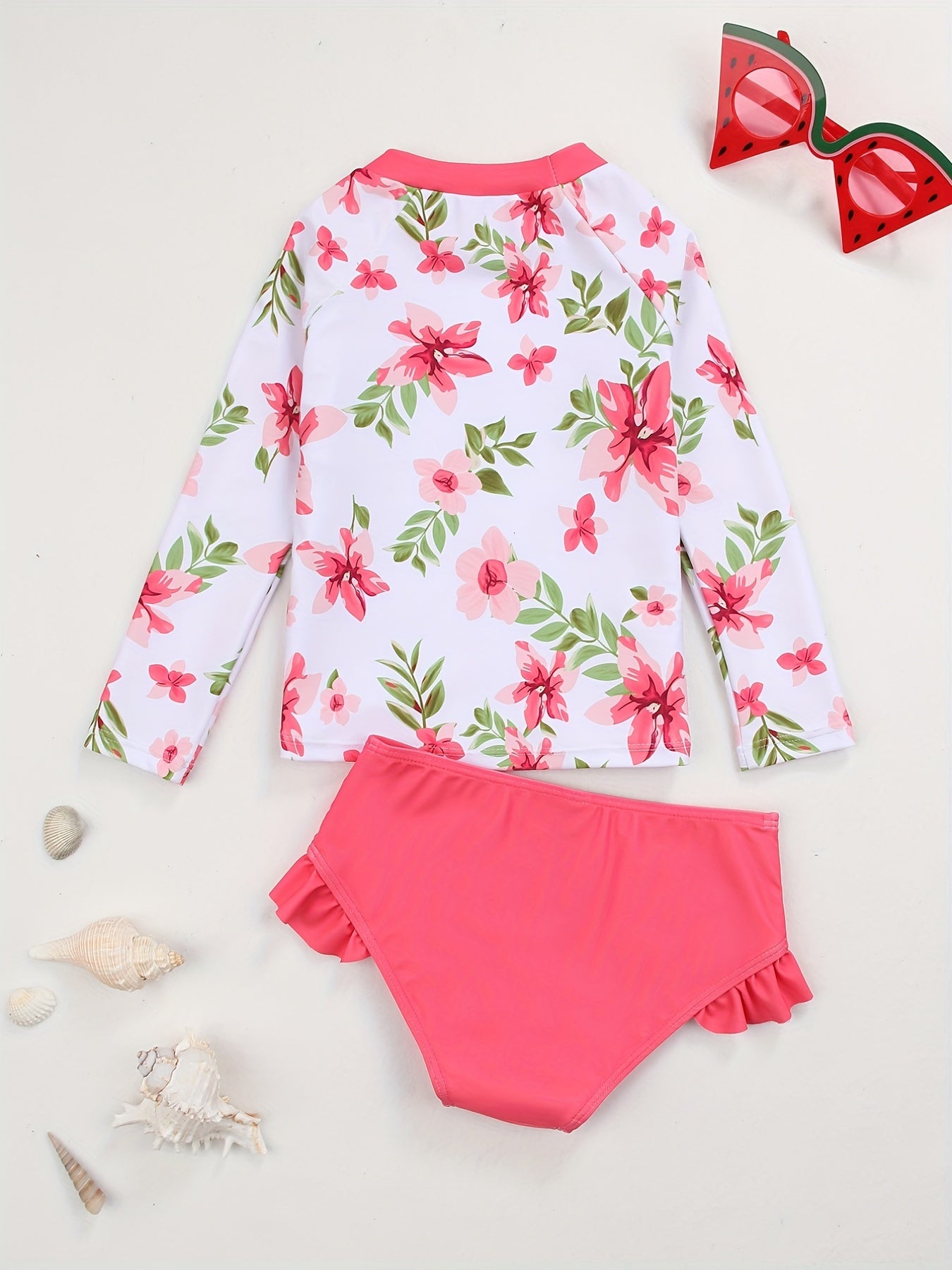 Toddler Girls Bikini Tankini Swimsuit Floral Long Sleeve Top & Ruffle Shorts Set