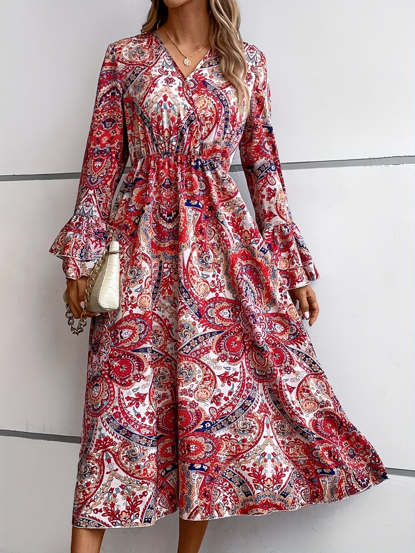 Ethnic Print Midi Dress Boho V Neck Layered Long Sleeve Dress