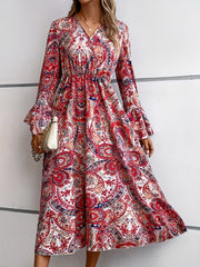 Ethnic Print Midi Dress Boho V Neck Layered Long Sleeve Dress