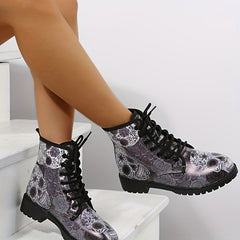 Skull & Flower Round Toe Ankle Boots Chunky Low Heel Short Boots