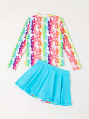 Girls Rainbow Stripped Long Sleeve Top Skirt Bathing Suit Set Swimwear