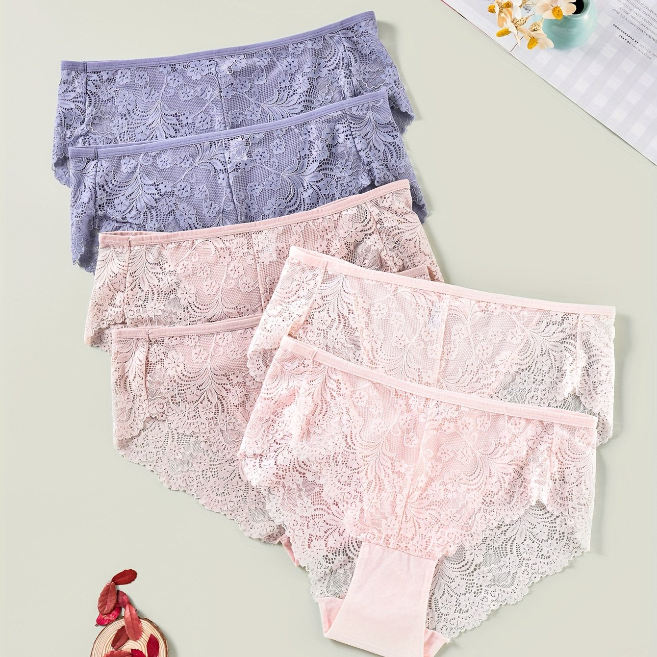 6 Pack Plus Size Floral Lace Trim Stretchy Briefs Set