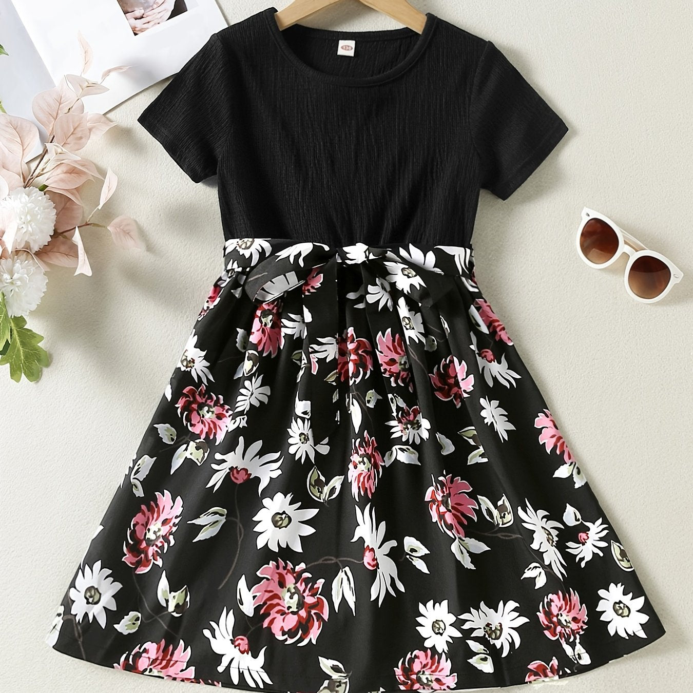Girls Casual Short Sleeve Dress With Flower Print