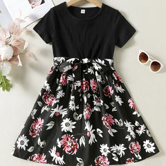 Girls Casual Short Sleeve Dress With Flower Print