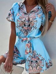 Tribal Print Puff Sleeve Shirt & Belted Shorts Set