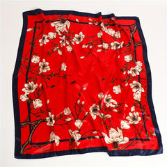 Flower Print Bandana Chinese Style Satin Square Scarf Women Windproof Head Wrap