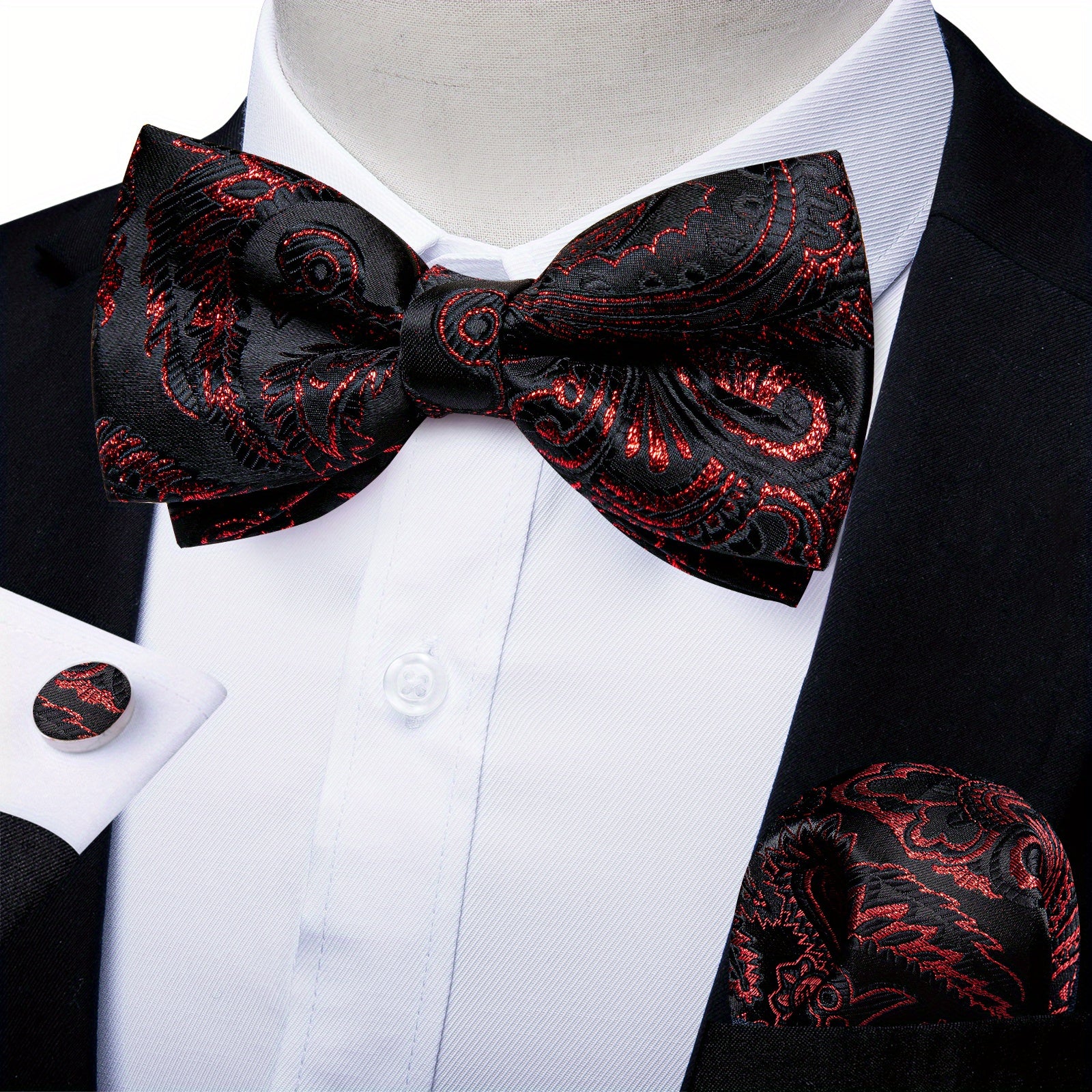 Men Silk Paisley Cravat Cufflinks Hanky Set Wedding Butterfly Tie