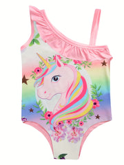 Girl's Unicorn Pattern Onesie Swimsuit Ruffle Tankini Bathing Suit