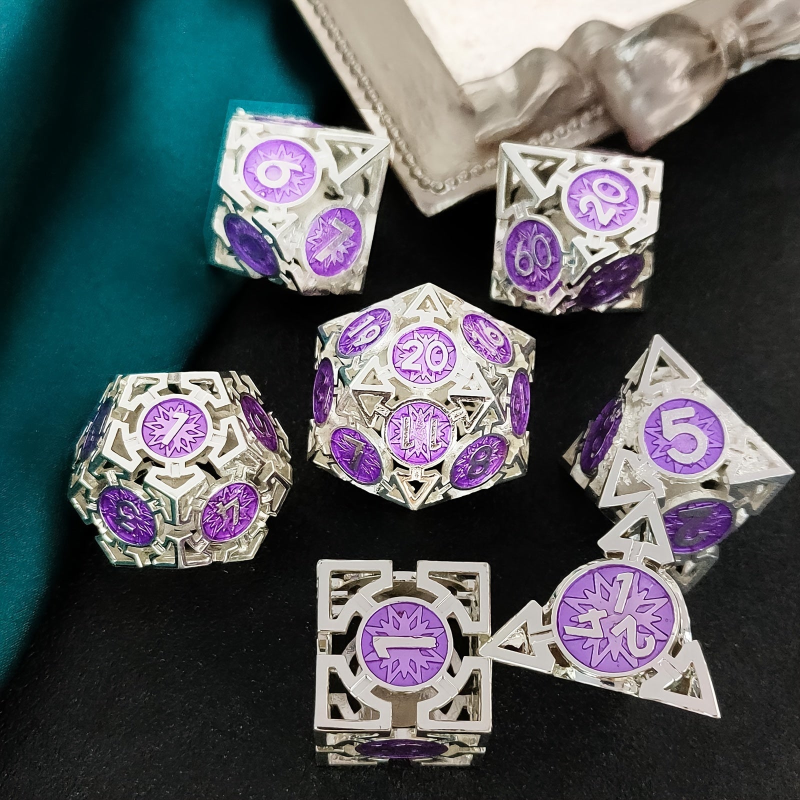 7pcs Metal Hollow Polyhedral Dice Set for Tabletop Game, Christmas Gift