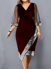 Party Dress Women's Plus Velvet Sequins Trim Slim Fit Prom Dress
