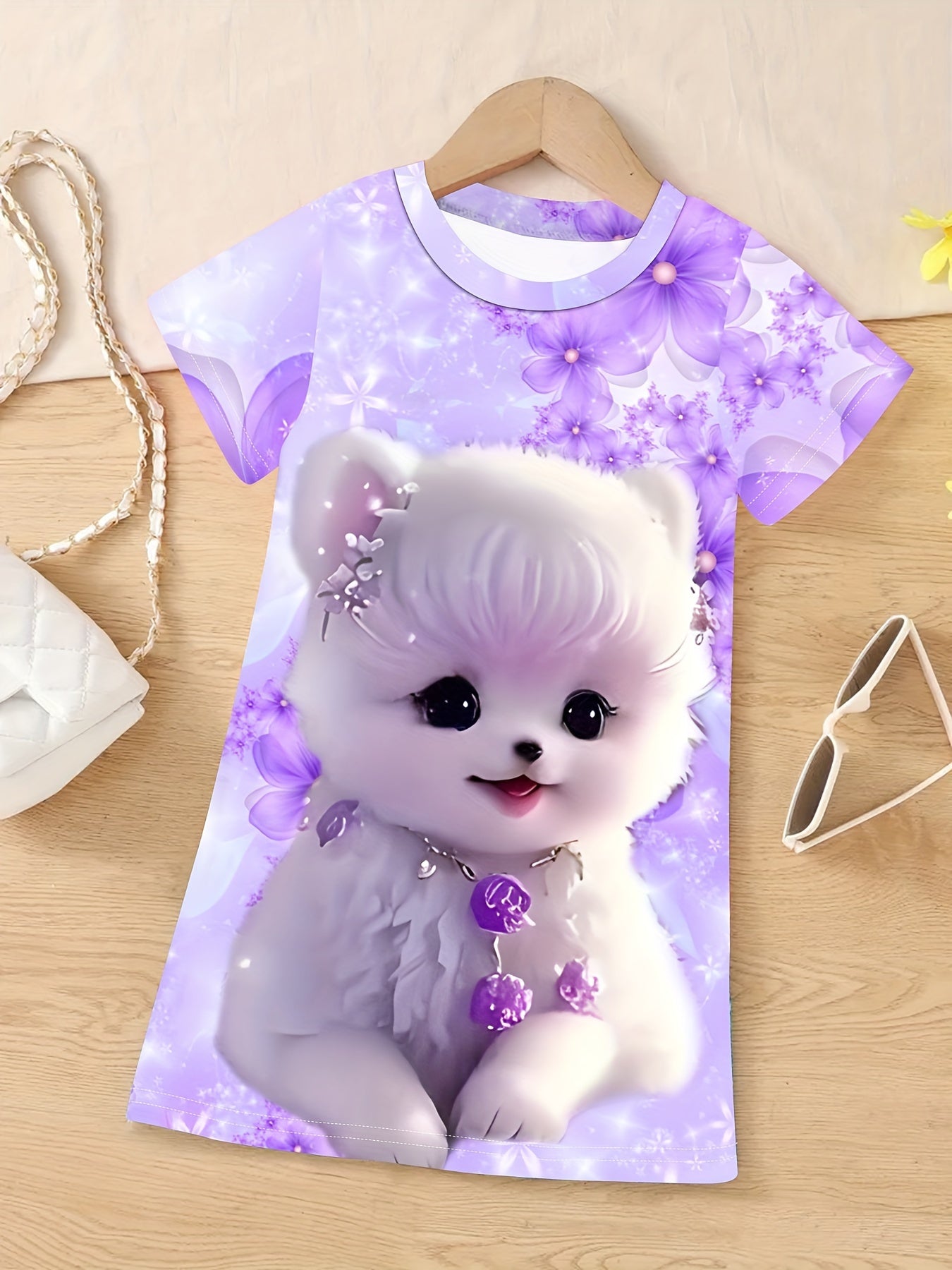3D Puppy Graphic Short Sleeve Dress Girls Comfy Casual Dresses