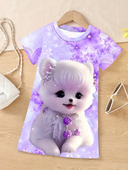 3D Puppy Graphic Short Sleeve Dress Girls Comfy Casual Dresses