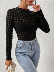 Houndstooth Print Solid Bodysuit Sexy Slim Long Sleeve