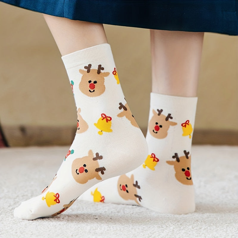4 Pairs Cartoon Print Socks Comfy & Christmas Mid Tube Socks Women's Stockings
