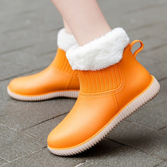 Women's Plush Lined Ankle Rain Boots Waterproof Warm Slip On Shoes