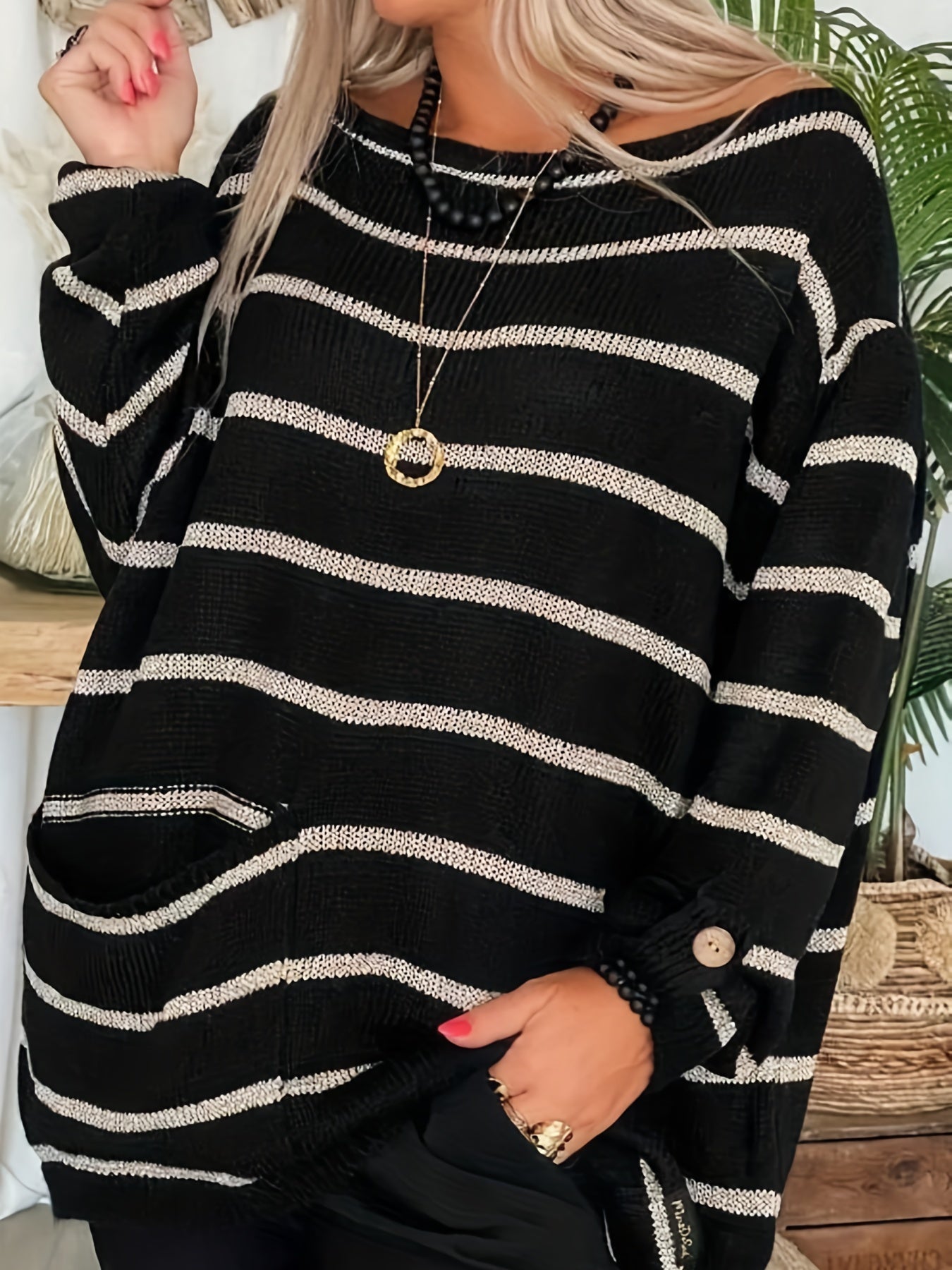 Casual Sweater Women's Plus Stripe Print Boat Neck Jumper