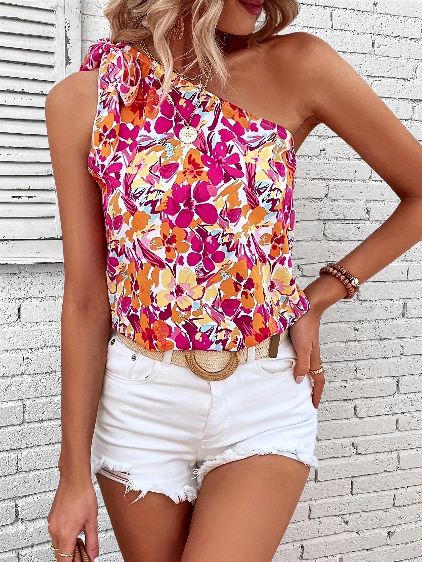 Floral Print One Shoulder Tank Top Sleeveless Summer Ruched Vacation Top