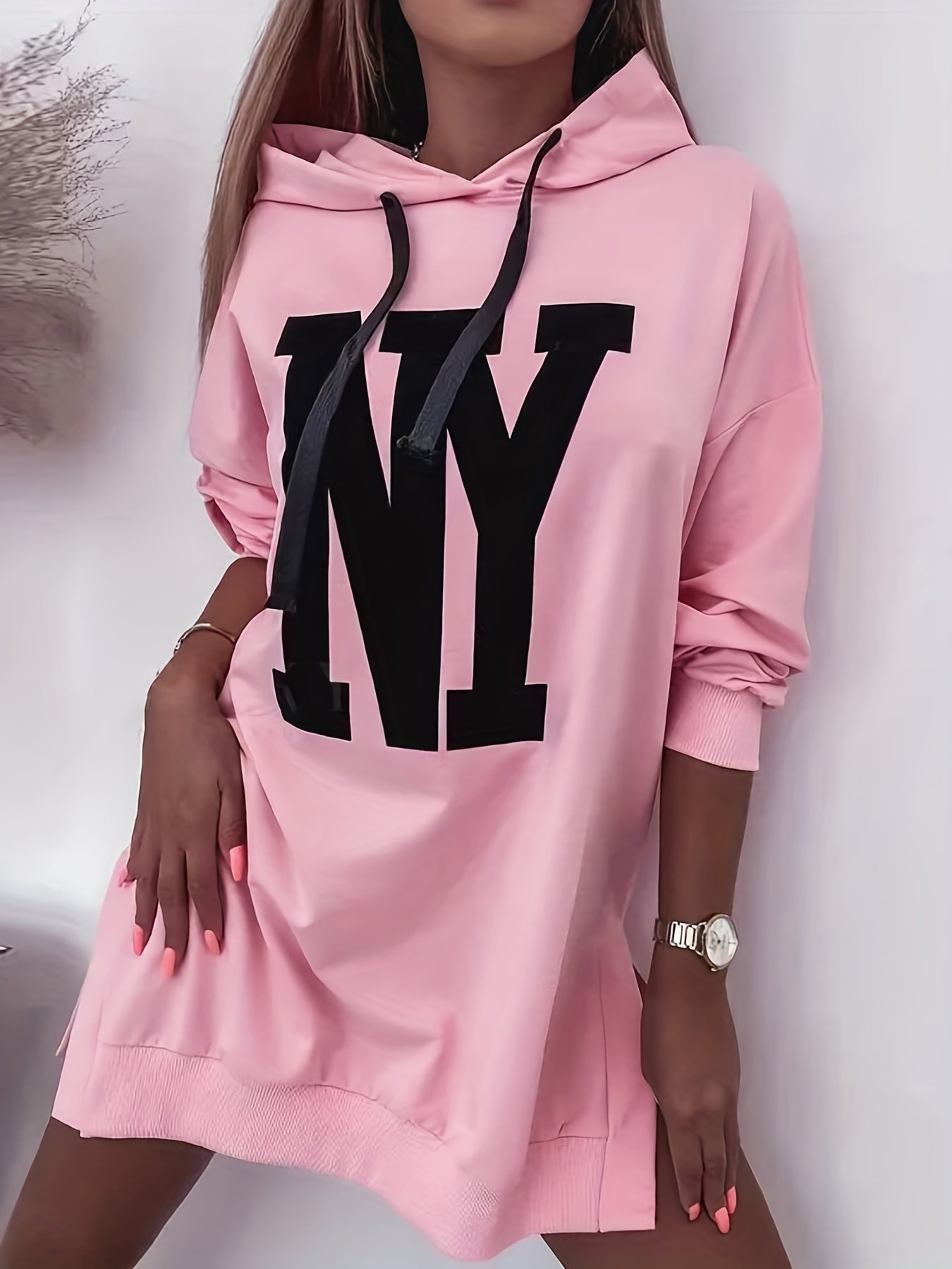 Letter Print Split Side Hoodie Casual Long Sleeve Drawstring Hoodies Sweatshirt