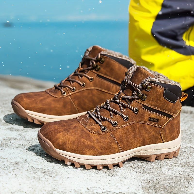 Men's Plush Lined Ankle Boots Warm Lace Up Durable Shoes Non-Slip