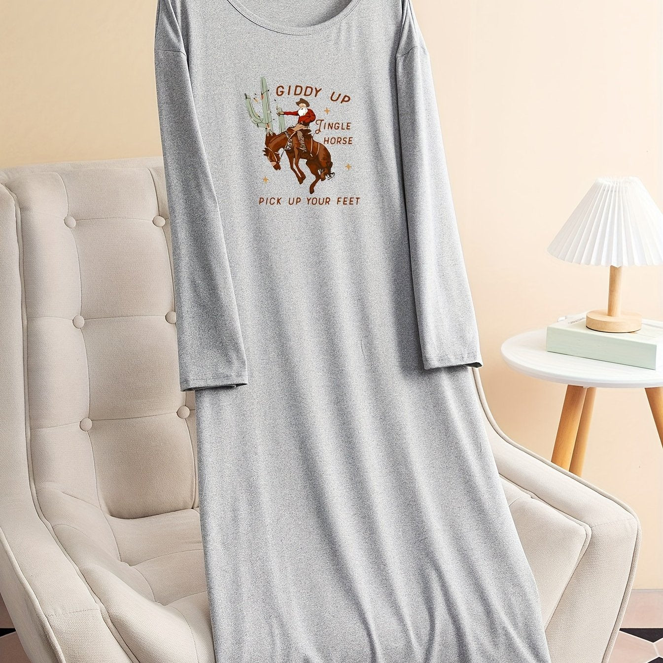 Christmas Lounge Dress Women's Santa & Cactus Print Long Sleeve