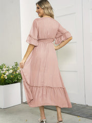Ruffle Trim Solid Dress Shirred V Neck Split Thigh Dress Women's Clothing