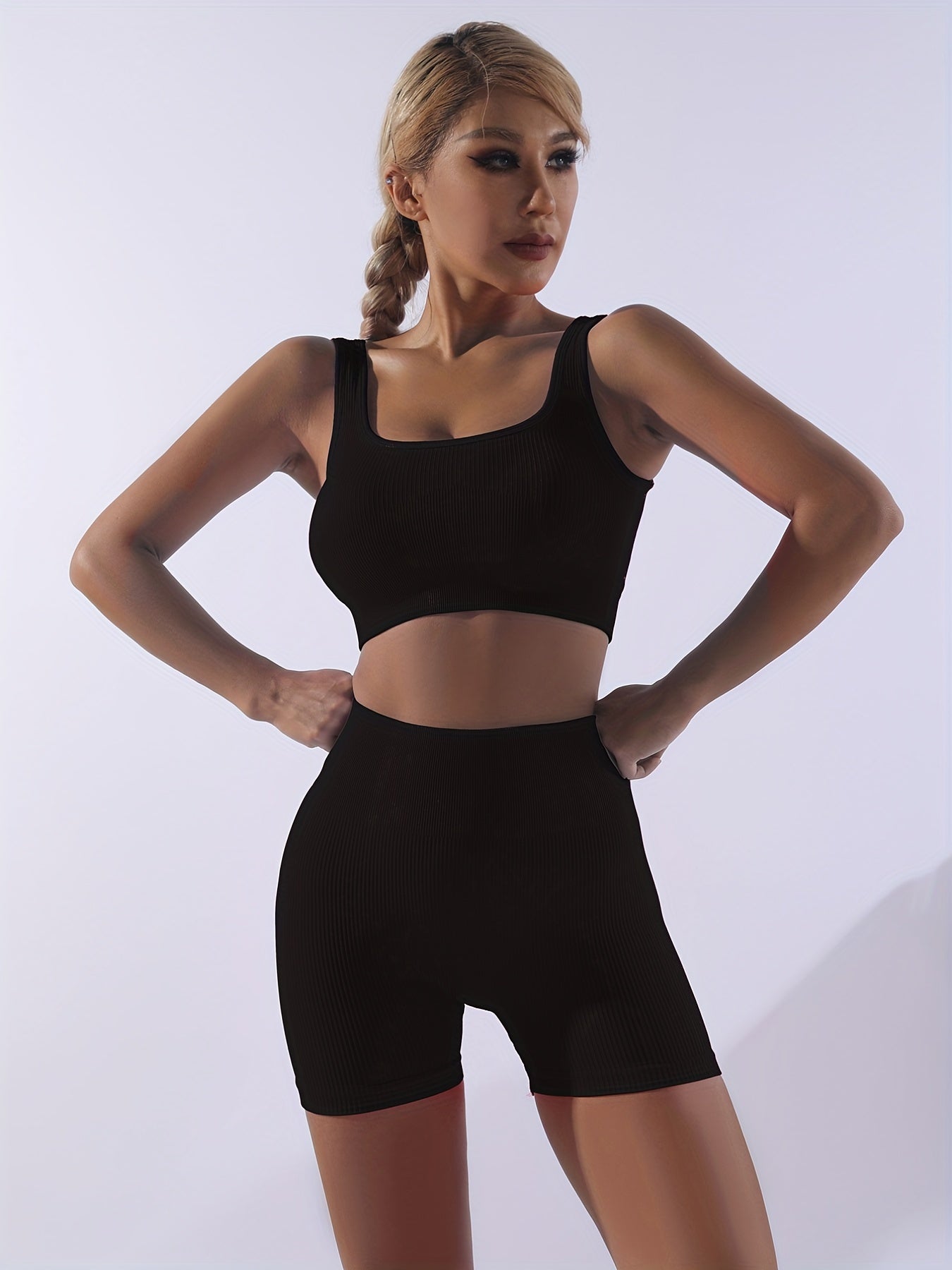 Ribbed Workout Set Beauty Back Sports Bra & High Waist Gym Shorts