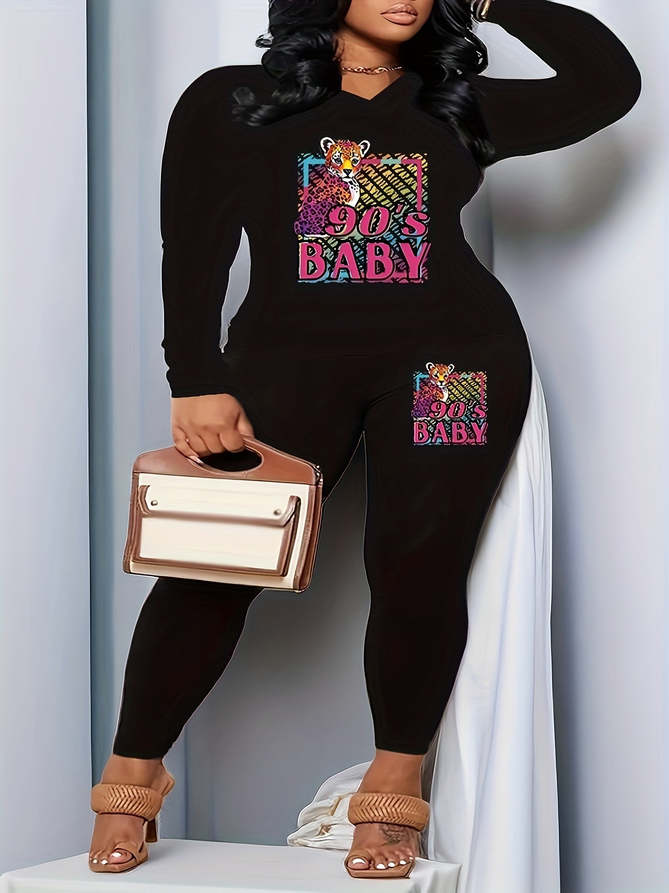 Women's Animal Print Long Sleeve V Neck Top & Leggings Outfit Set