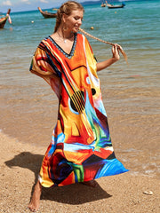 Boho Cover Up Women's Plus Abstract Guitar Print V Neck Side Split Cov