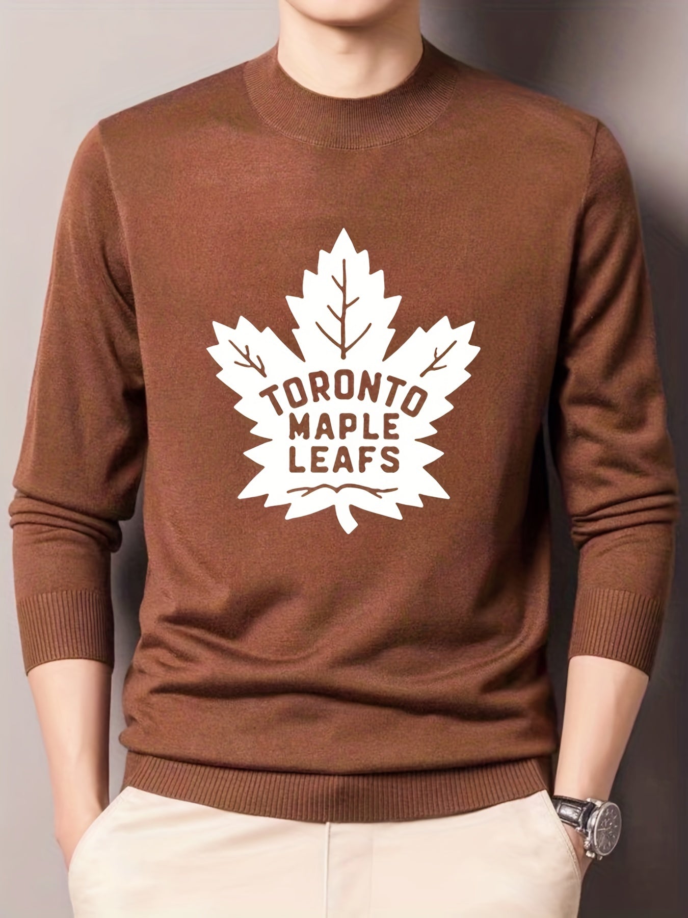 Toronto Maple Leaf Pattern Knitted Sweater Men's Crew Neck Pullover