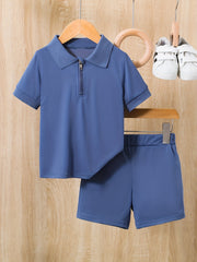 Boys Zipper Polo Shirt and Shorts Set for Summer