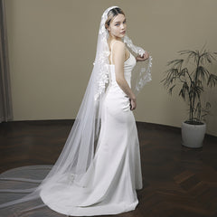 Long Bridal Veil with Leaf & Floral Lace Detailing