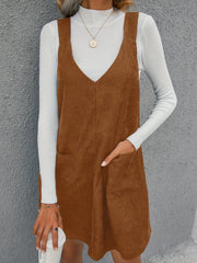V Neck Corduroy Overall Dress With Pockets