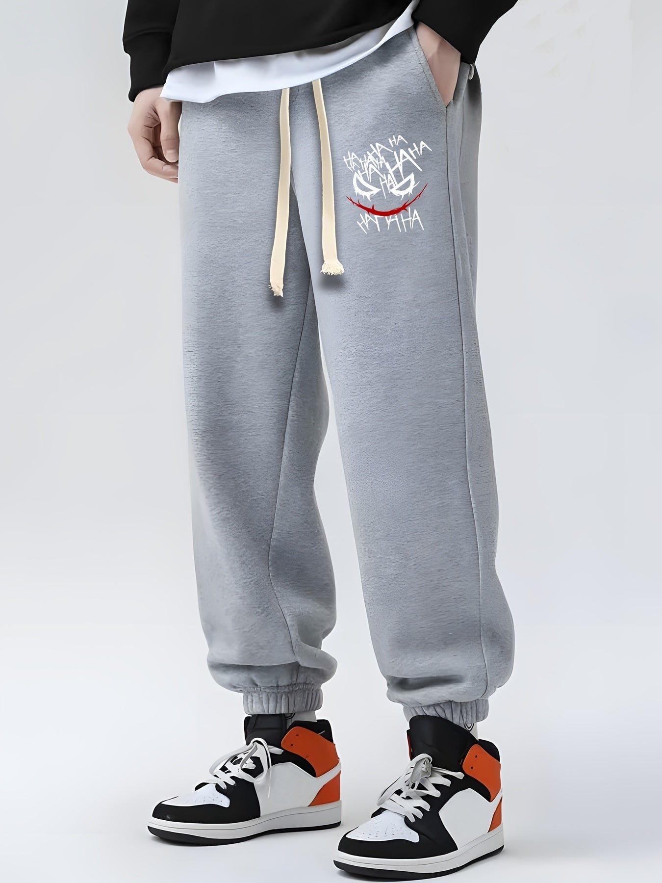 Evil Smile Print Drawstring Sweatpants Men's Loose Fit Joggers Spring Autumn