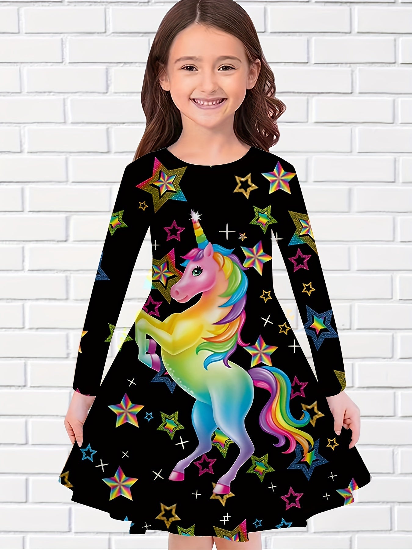 Girls Unicorn Print Long Sleeve Dress For Party Kids Clothes