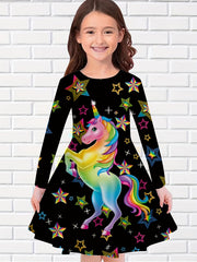 Girls Unicorn Print Long Sleeve Dress For Party Kids Clothes