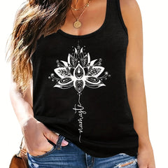Lotus & Letter Print Round Neck Tank Top