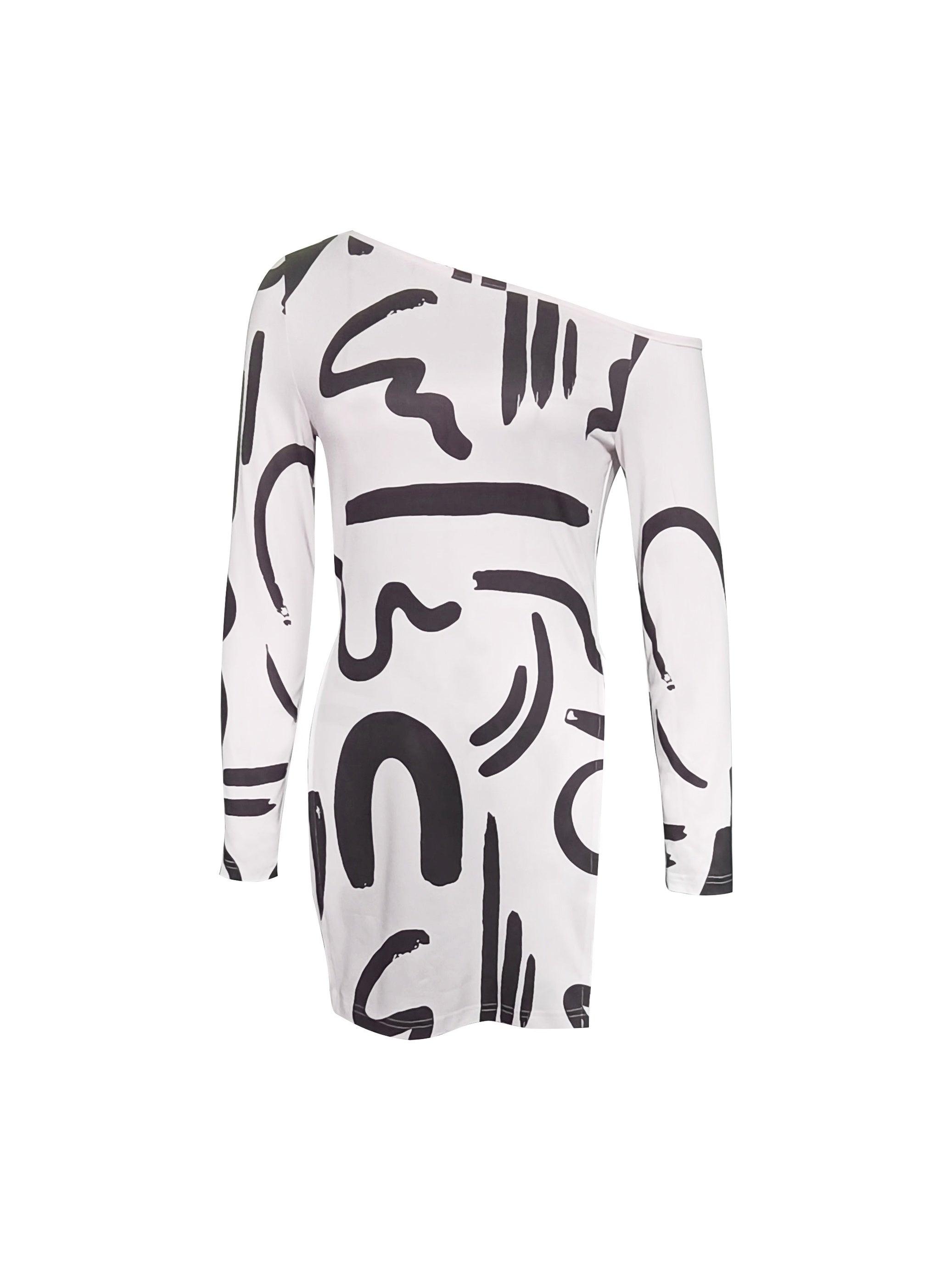 Abstract Print Two Piece Set Slanted Shoulder Split Tops & Slim Pants
