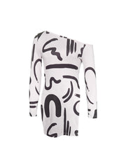 Abstract Print Two Piece Set Slanted Shoulder Split Tops & Slim Pants