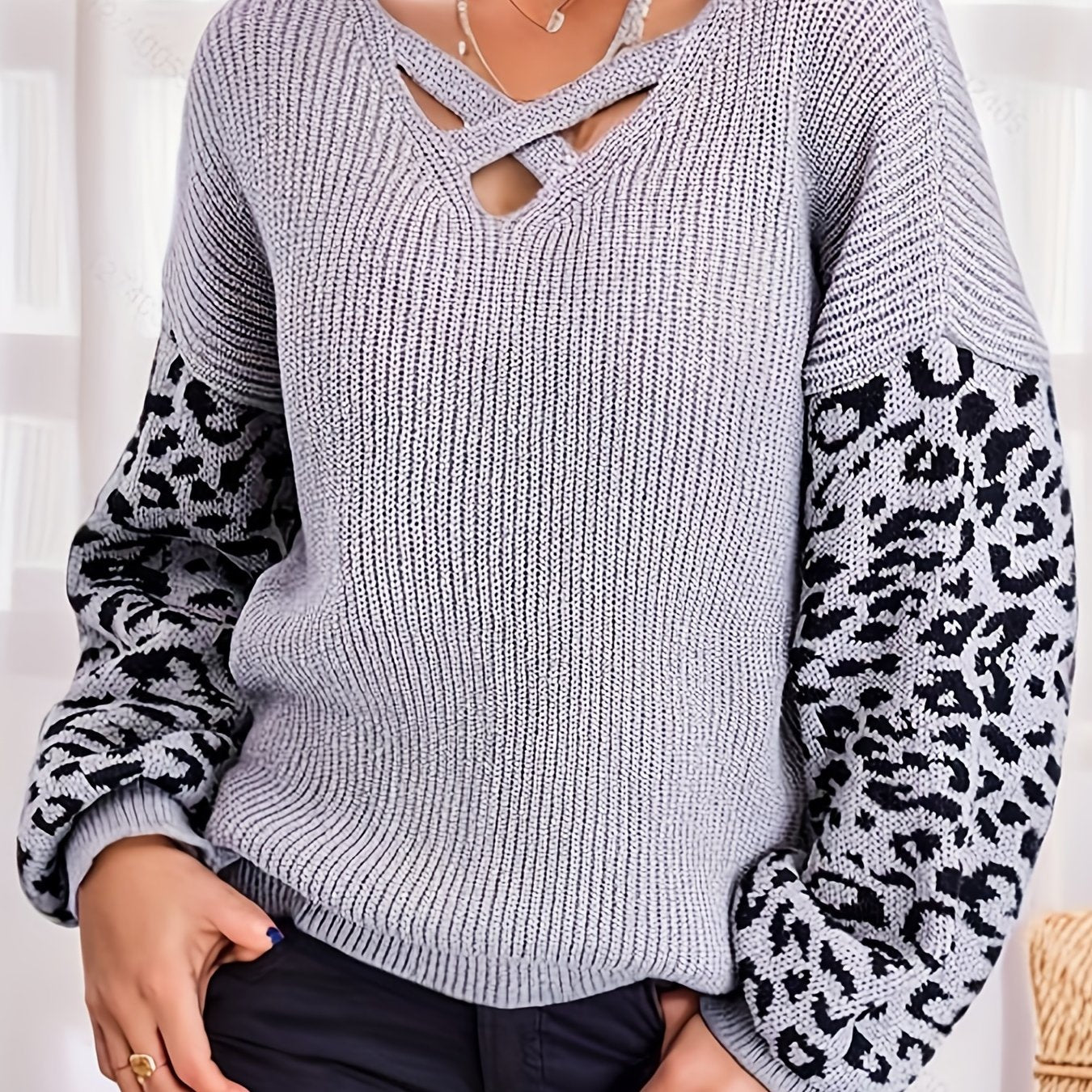 Leopard Print V Neck Pullover Sweater