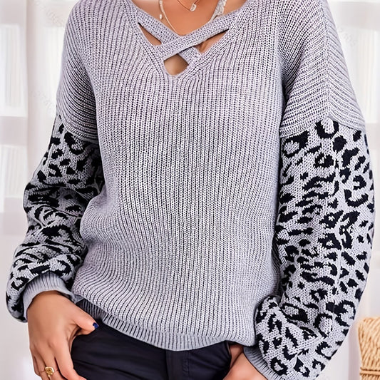Leopard Print V Neck Pullover Sweater