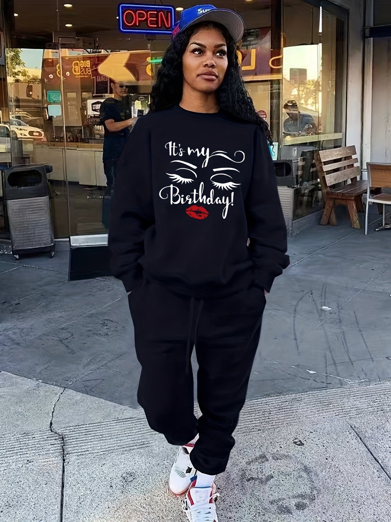 Casual Workout 2pc Set Lips & Letter Print Long Sleeve Tops & Jogger Pants