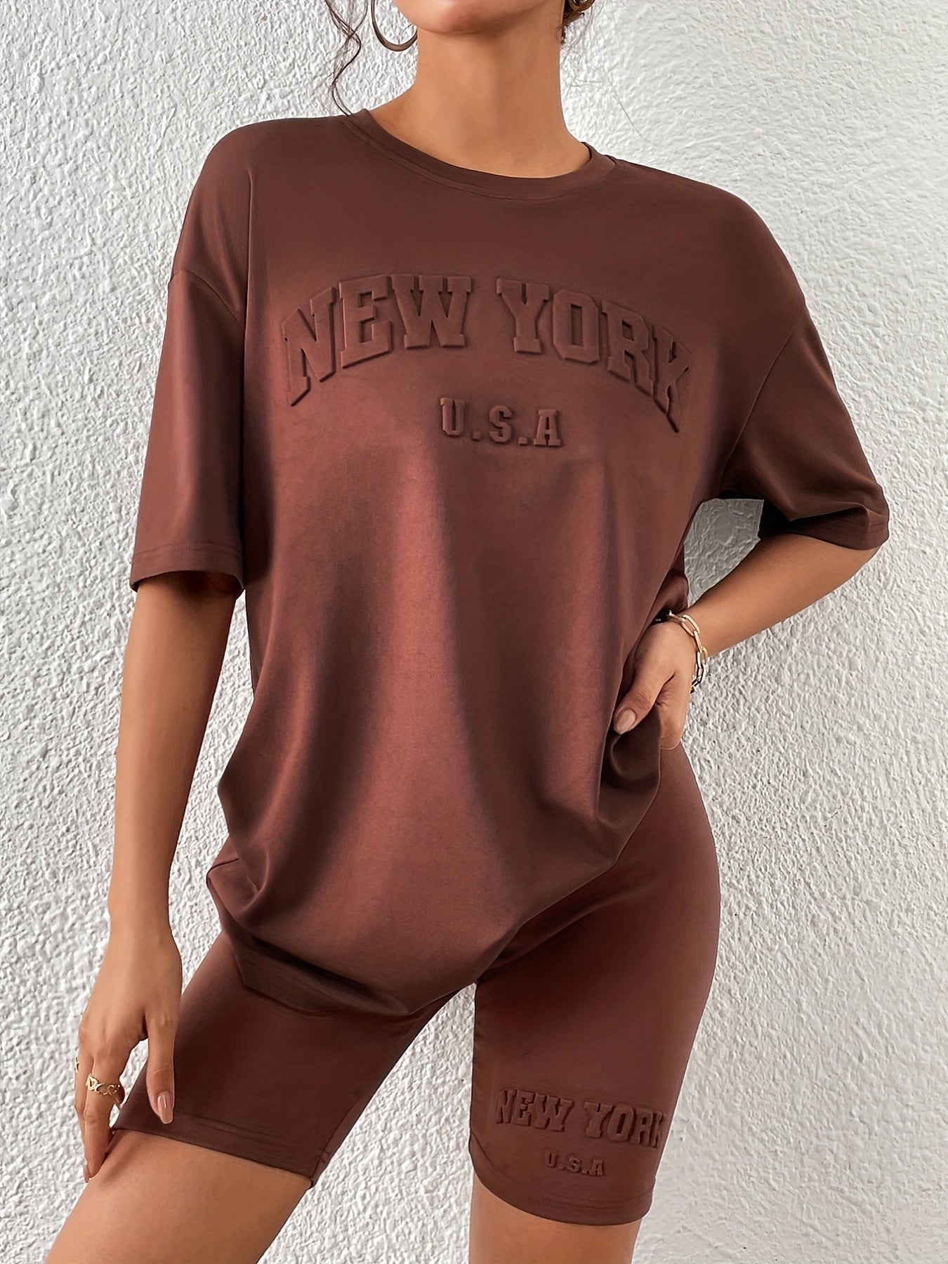 Letter Textured Two-piece Set Casual Half Sleeve T-shirt & Skinny Shorts