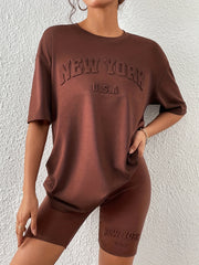 Letter Textured Two-piece Set Casual Half Sleeve T-shirt & Skinny Shorts
