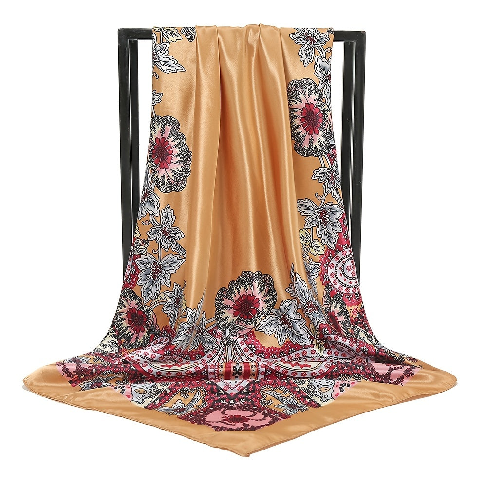Boho Flower Print Scarf Satin Square Shawl Headscarf Wrap Casual Sunscreen
