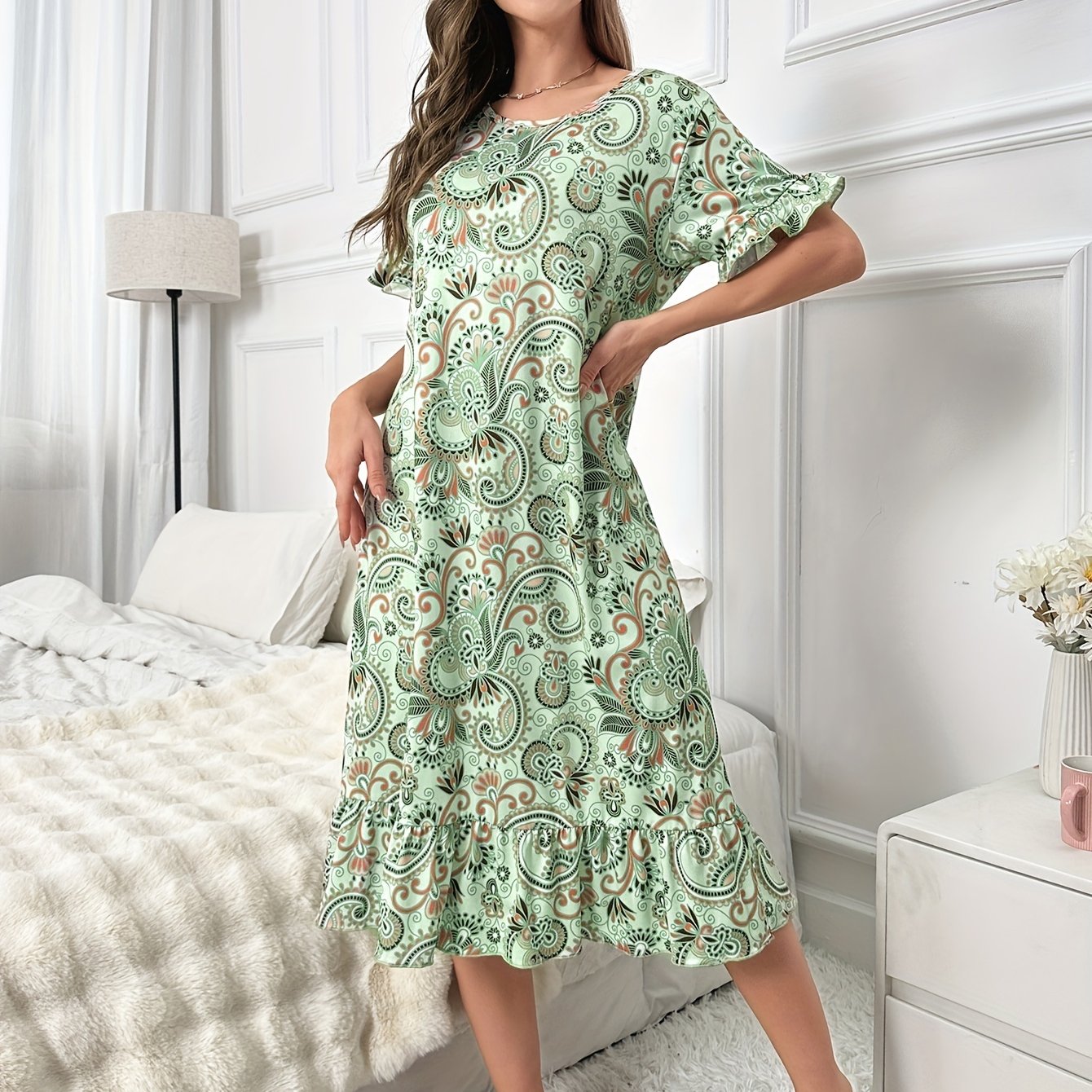 Geometric Pattern NightDress Short Sleeve Ruffle Pajama Dress