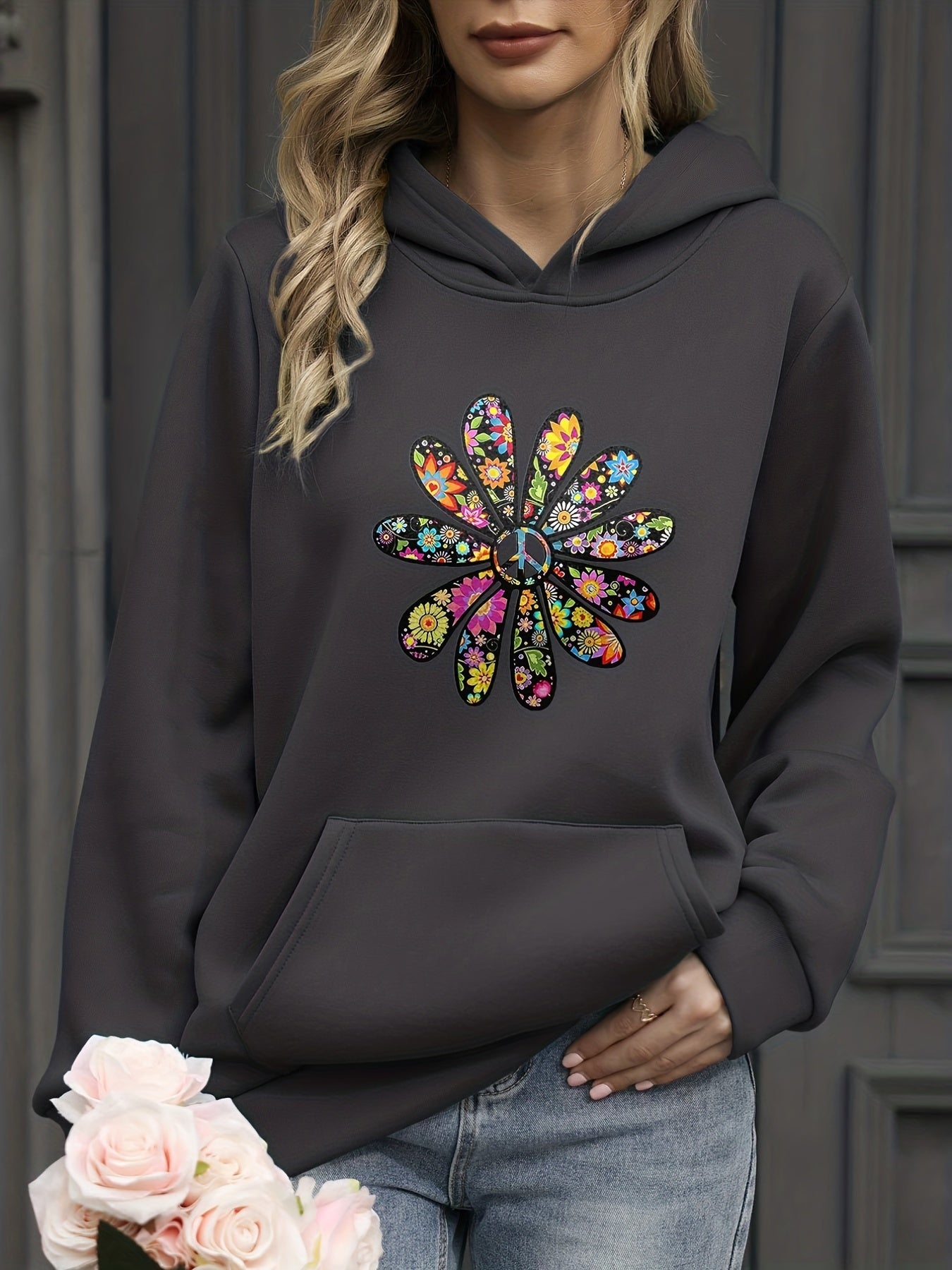 Floral Print Kangaroo Pocket Hoodie Long Sleeve Sweatshirt
