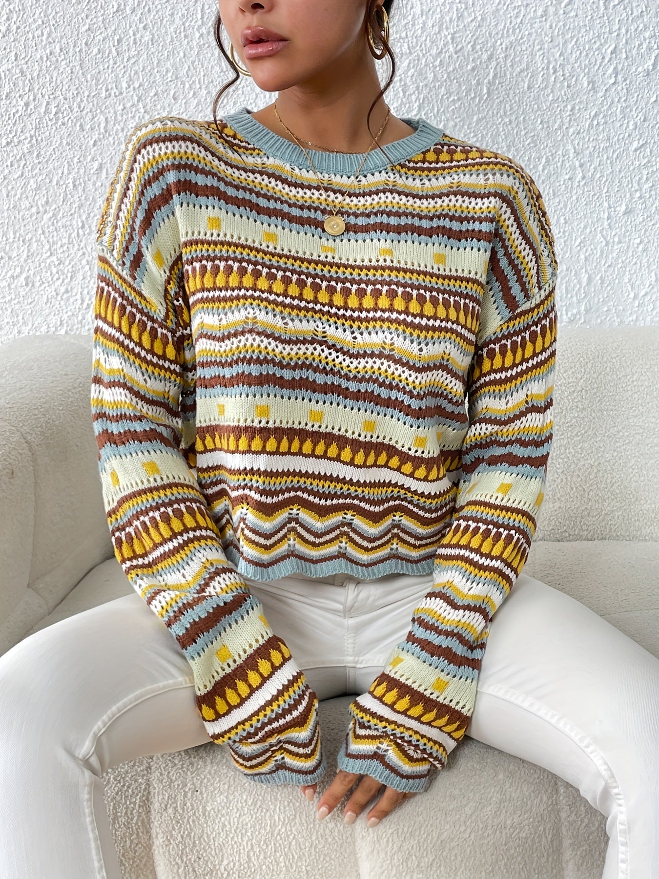 Ethnic Print Eyelet Knit Sweater Casual Crew Neck Long Sleeve Sweater