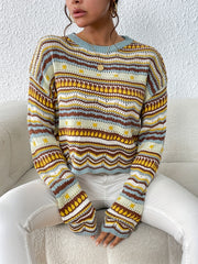 Ethnic Print Eyelet Knit Sweater Casual Crew Neck Long Sleeve Sweater